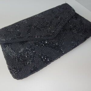 Vintage Delill Black Glass Bead Evening Bag Dress Purse Hand Beaded Snail Chain